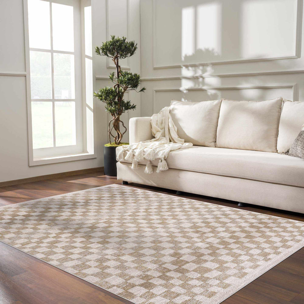 Benjy Cream & Gold Checkered Area Rug Hauteloom