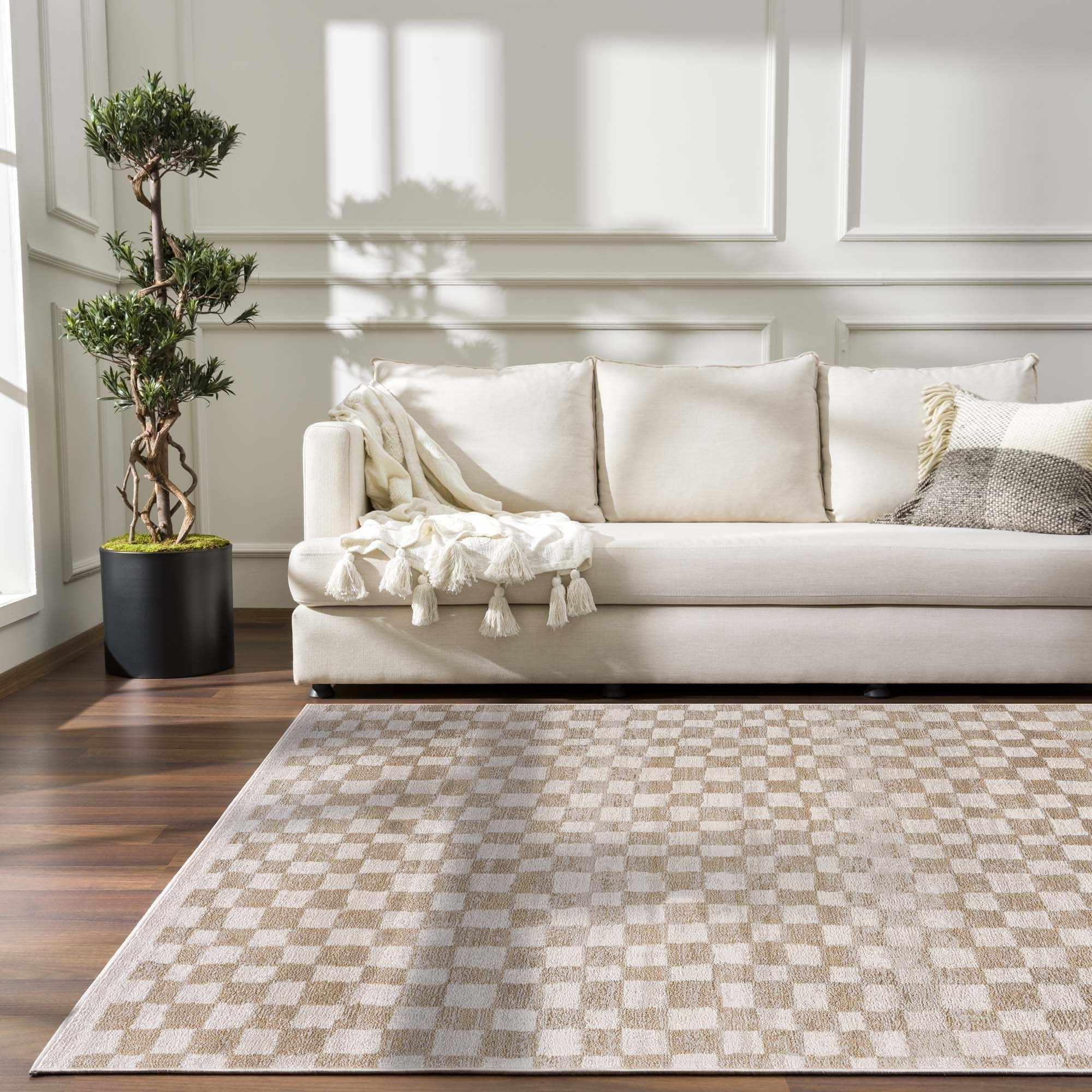 Benjy Cream & Gold Checkered Area Rug Hauteloom