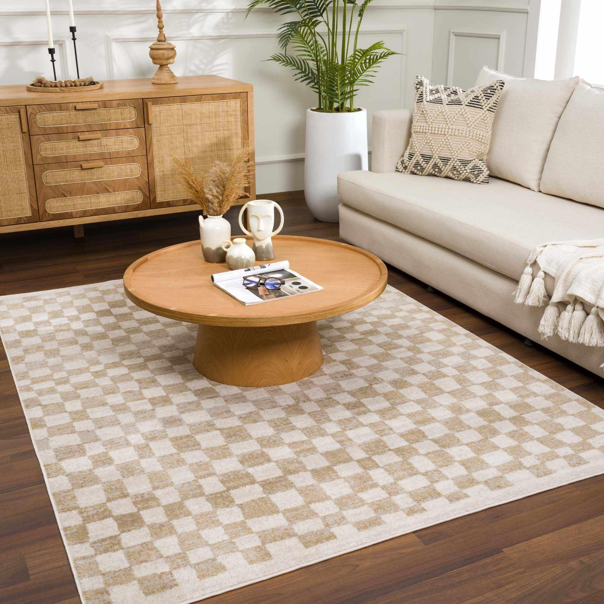 Benjy Cream & Gold Checkered Area Rug Hauteloom