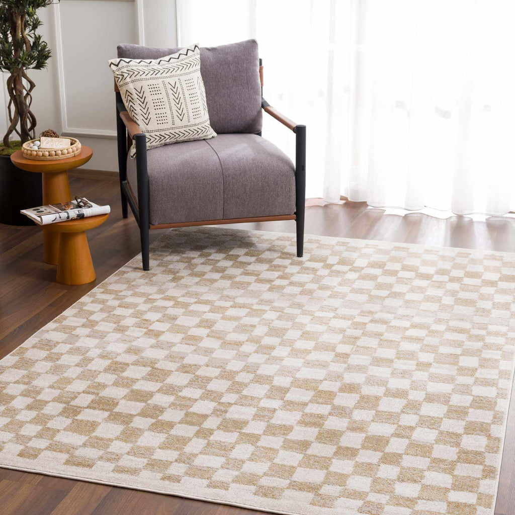 Benjy Cream & Gold Checkered Area Rug Hauteloom