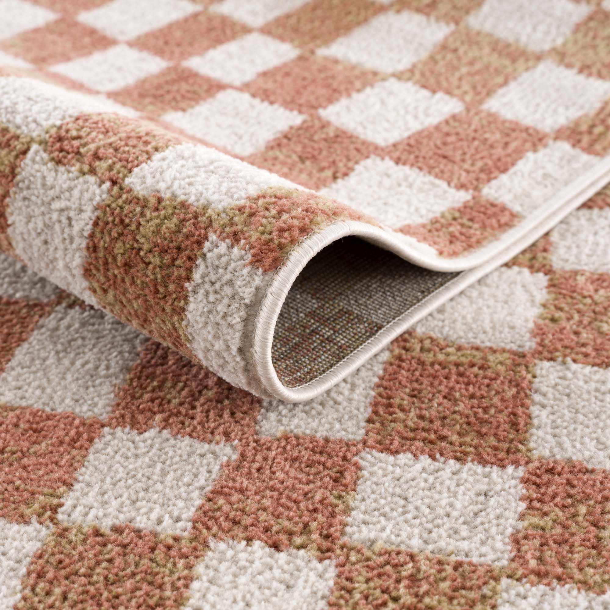 Benjy Cream & Salmon Checkered Area Rug Hauteloom