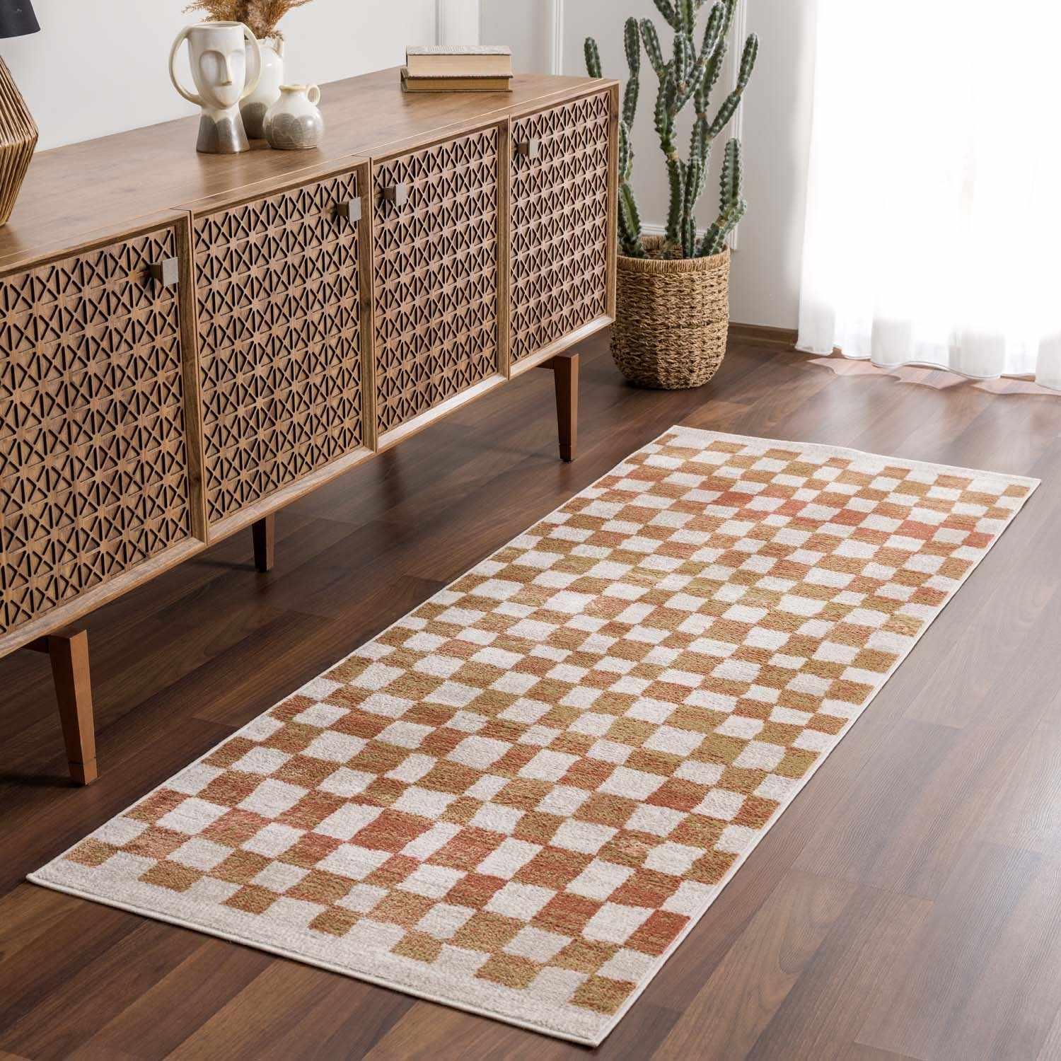 Benjy Cream & Salmon Checkered Area Rug Hauteloom