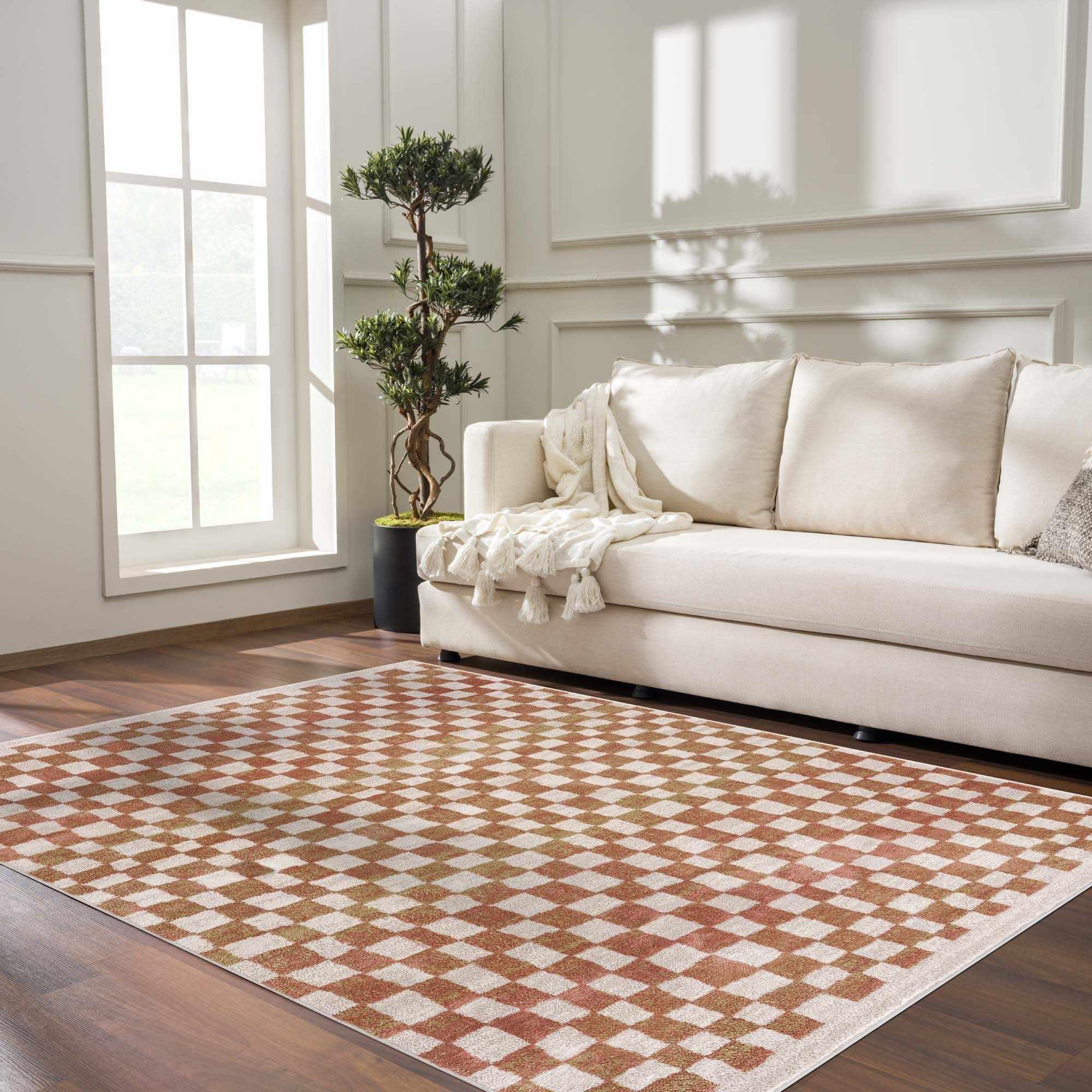 Benjy Cream & Salmon Checkered Area Rug Hauteloom