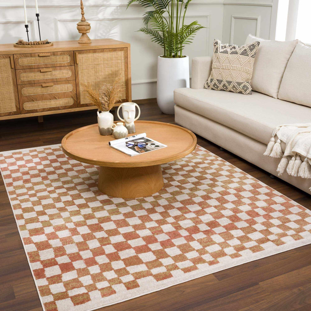 Benjy Cream & Salmon Checkered Area Rug Hauteloom