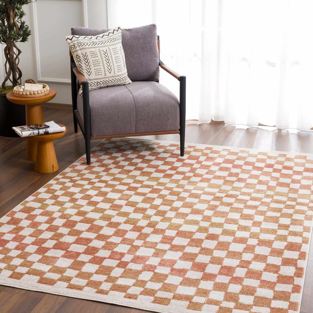 Benjy Cream & Salmon Checkered Area Rug Hauteloom