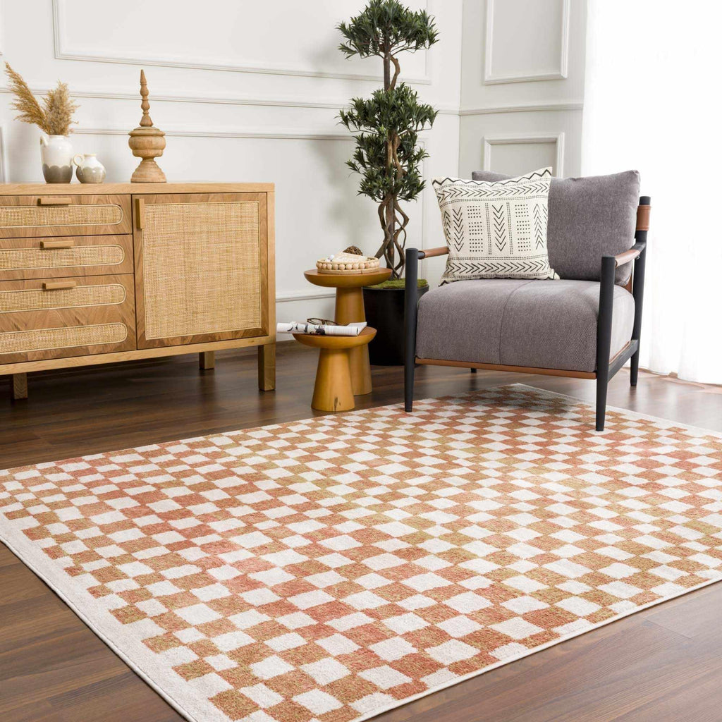 Benjy Cream & Salmon Checkered Area Rug Hauteloom