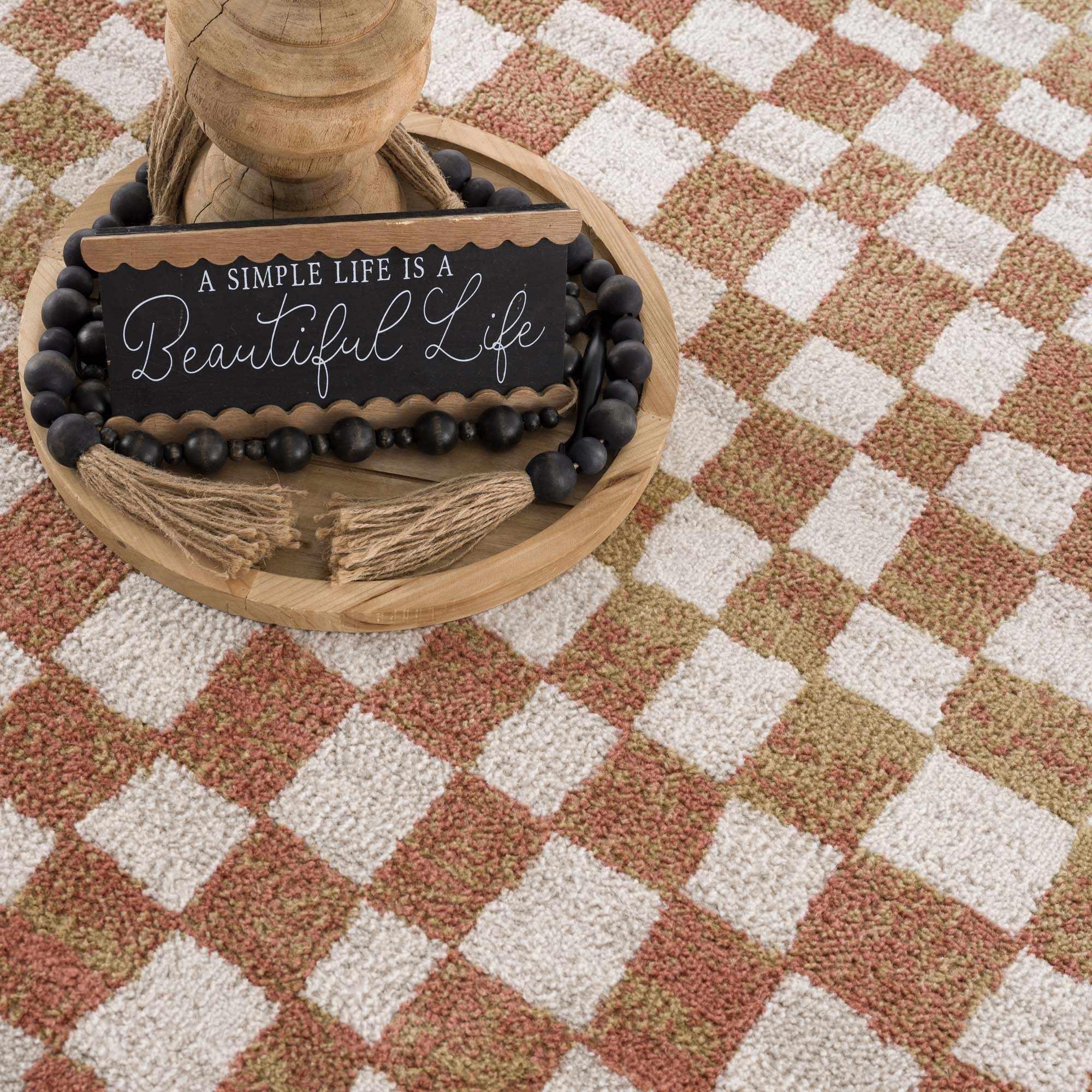 Benjy Cream & Salmon Checkered Area Rug Hauteloom