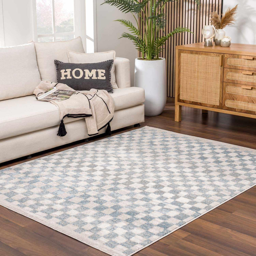 Benjy Cream & Light Blue Checkered Area Rug Hauteloom