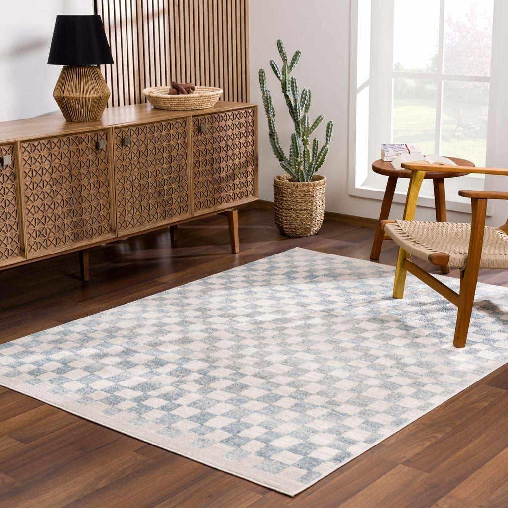 Benjy Cream & Light Blue Checkered Area Rug Hauteloom
