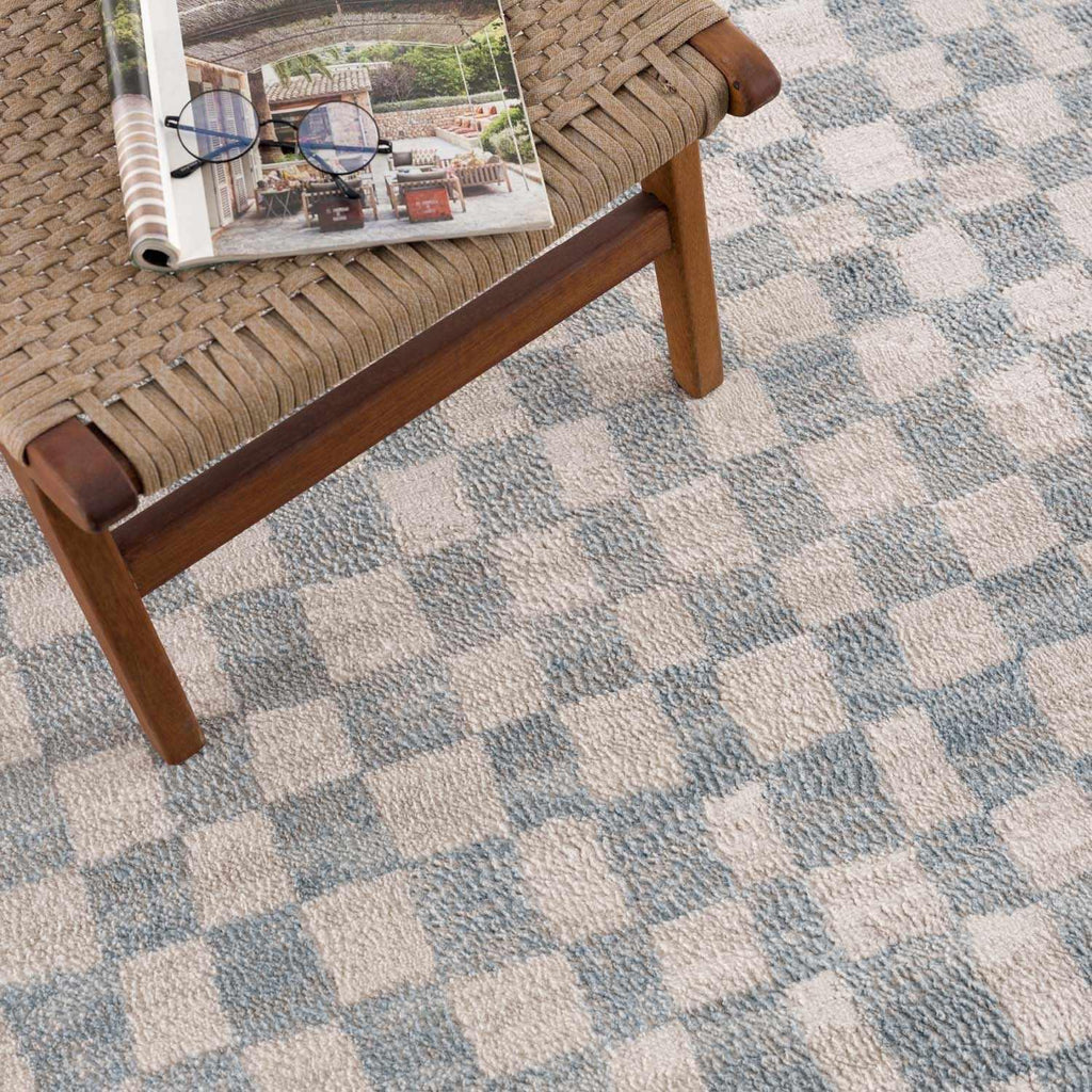 Benjy Cream & Light Blue Checkered Area Rug Hauteloom