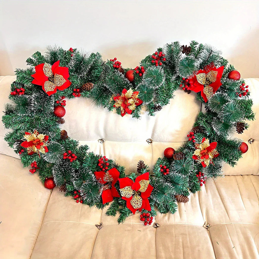 Luxury 9ft Artificial Christmas Garland with LED Lights - PVC Green Rattan, Red Flowers & Plastic Pine Cones - Battery Operated (AA), Ideal for Home, Stairs, Fireplace, Front Porch Decor, Christmas Decor House Of Avana [[SKU:HOA-FLR-015]]