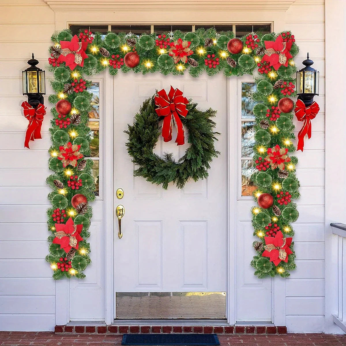 Luxury 9ft Artificial Christmas Garland with LED Lights - PVC Green Rattan, Red Flowers & Plastic Pine Cones - Battery Operated (AA), Ideal for Home, Stairs, Fireplace, Front Porch Decor, Christmas Decor House Of Avana [[SKU:HOA-FLR-015]]