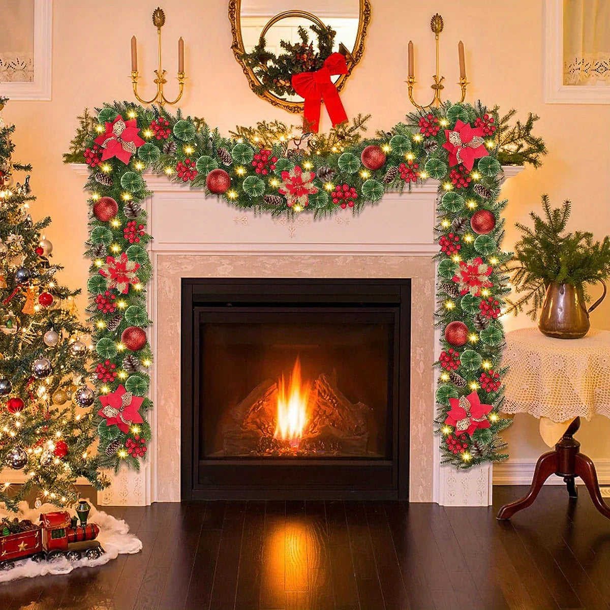 Luxury 9ft Artificial Christmas Garland with LED Lights - PVC Green Rattan, Red Flowers & Plastic Pine Cones - Battery Operated (AA), Ideal for Home, Stairs, Fireplace, Front Porch Decor, Christmas Decor House Of Avana [[SKU:HOA-FLR-015]]