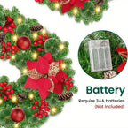 Luxury 9ft Artificial Christmas Garland with LED Lights - PVC Green Rattan, Red Flowers & Plastic Pine Cones - Battery Operated (AA), Ideal for Home, Stairs, Fireplace, Front Porch Decor, Christmas Decor House Of Avana [[SKU:HOA-FLR-015]]