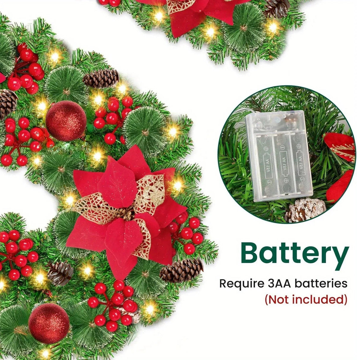 Luxury 9ft Artificial Christmas Garland with LED Lights - PVC Green Rattan, Red Flowers & Plastic Pine Cones - Battery Operated (AA), Ideal for Home, Stairs, Fireplace, Front Porch Decor, Christmas Decor House Of Avana [[SKU:HOA-FLR-015]]