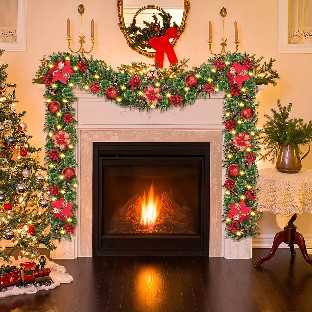 Luxury 9ft Artificial Christmas Garland with LED Lights - PVC Green Rattan, Red Flowers & Plastic Pine Cones - Battery Operated (AA), Ideal for Home, Stairs, Fireplace, Front Porch Decor, Christmas Decor House Of Avana [[SKU:HOA-FLR-015]]