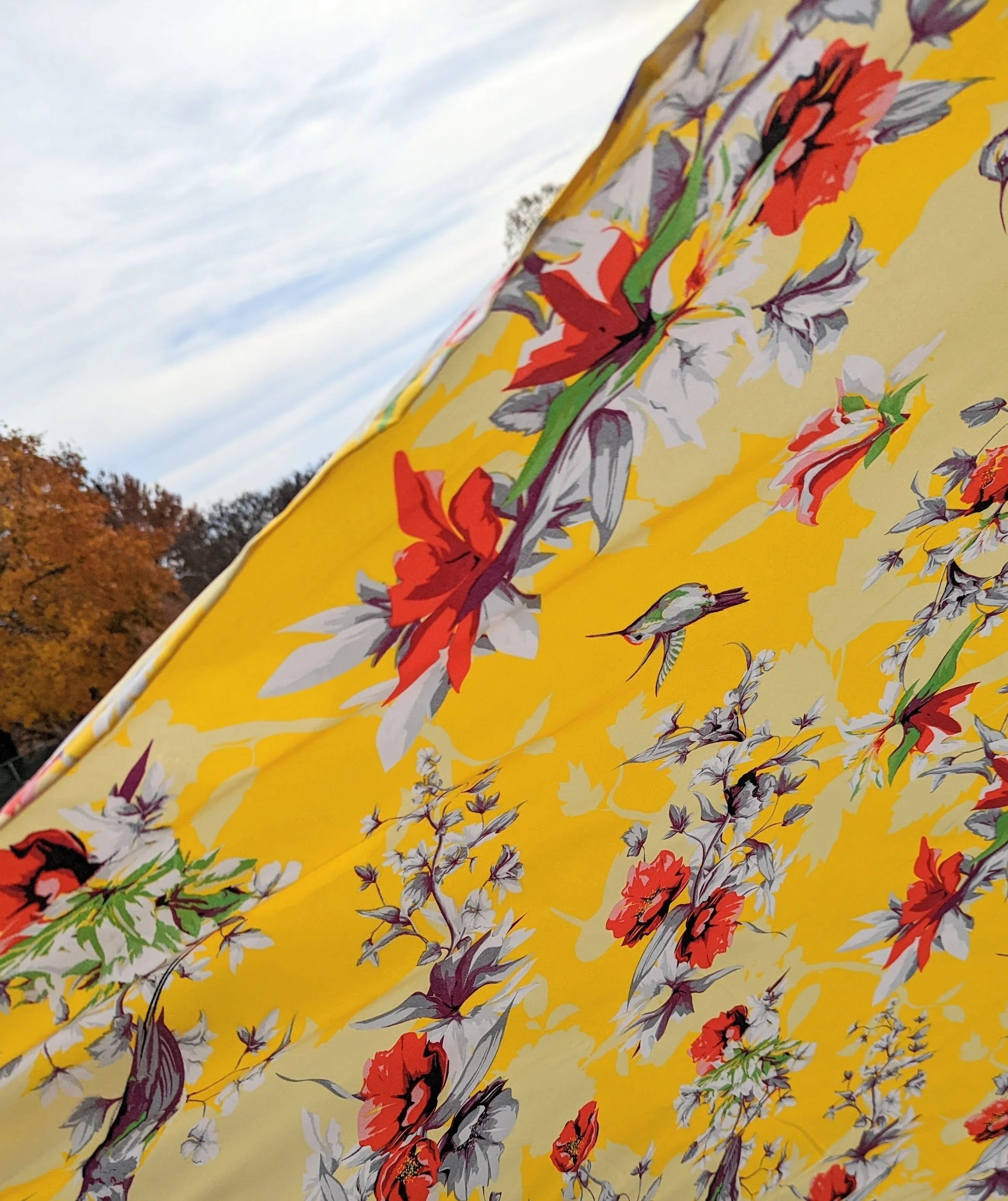 DaDa Bedding Set of 2 Radiant Sunshine Yellow Floral Window Curtain Panels - Natural Semi Sheer Hummingbirds Farmhouse Red Flowers Straight Tailored Edge DaDalogy Bedding Collection