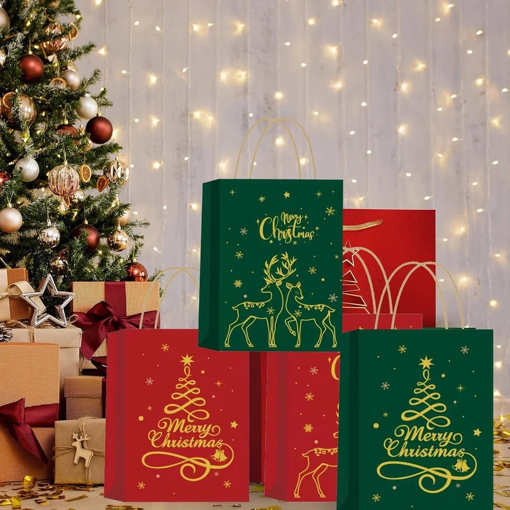 12-Pack Assorted Christmas Gift Bags with Golden Xmas Tree, Red & Green, Metallic & Textured Finish, Festive Party Favor Bags with Handles House Of Avana [[SKU:HOA-STO-035]]