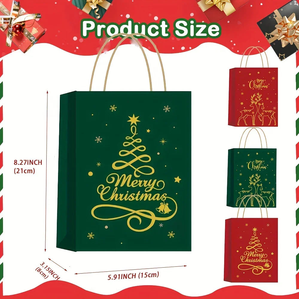 12-Pack Assorted Christmas Gift Bags with Golden Xmas Tree, Red & Green, Metallic & Textured Finish, Festive Party Favor Bags with Handles House Of Avana [[SKU:HOA-STO-035]]