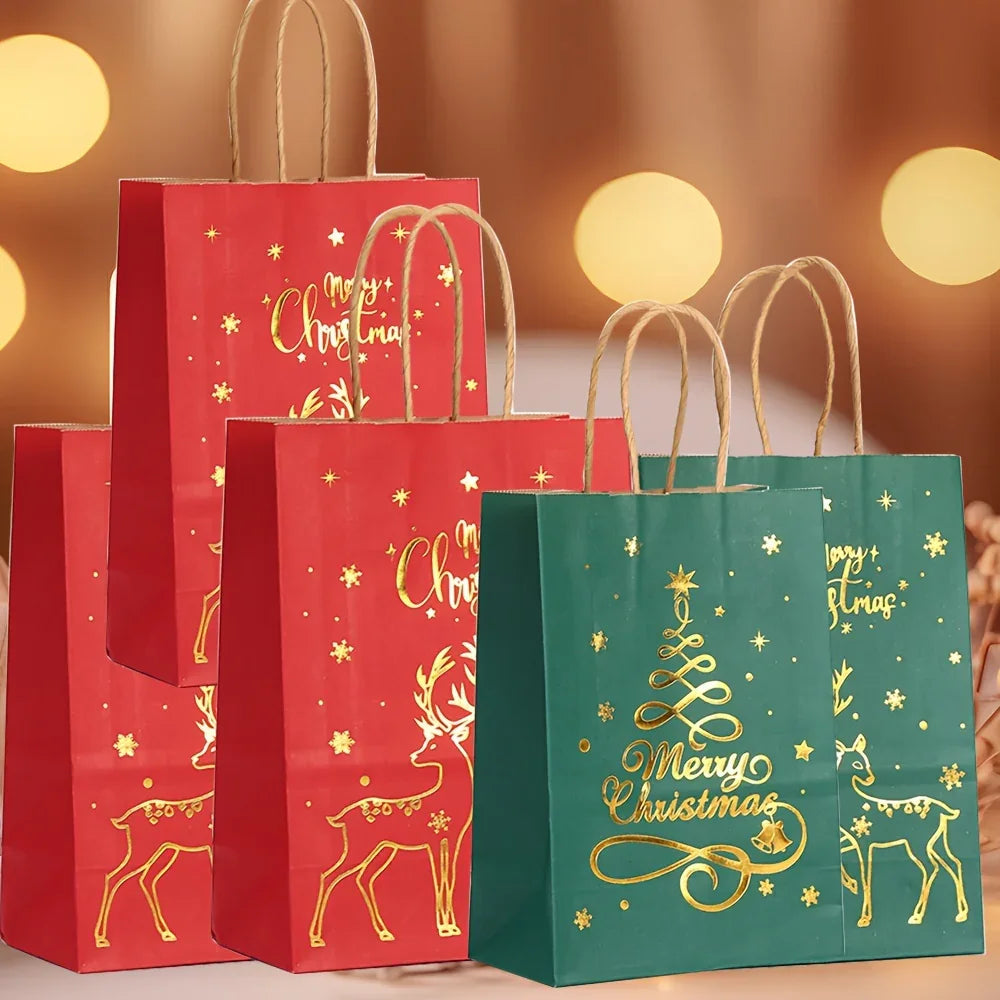 12-Pack Assorted Christmas Gift Bags with Golden Xmas Tree, Red & Green, Metallic & Textured Finish, Festive Party Favor Bags with Handles House Of Avana [[SKU:HOA-STO-035]]
