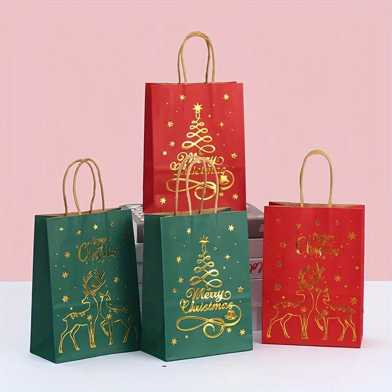 12-Pack Assorted Christmas Gift Bags with Golden Xmas Tree, Red & Green, Metallic & Textured Finish, Festive Party Favor Bags with Handles House Of Avana [[SKU:HOA-STO-035]]
