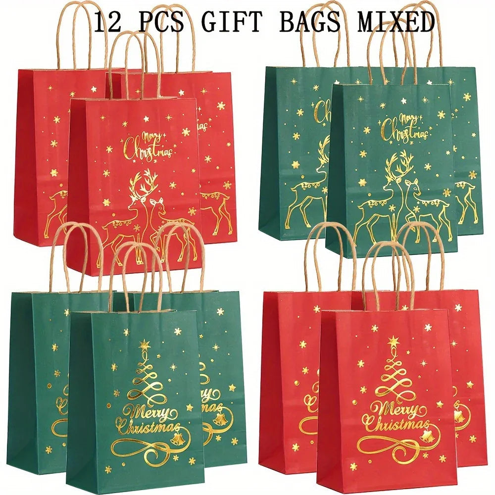 12-Pack Assorted Christmas Gift Bags with Golden Xmas Tree, Red & Green, Metallic & Textured Finish, Festive Party Favor Bags with Handles House Of Avana [[SKU:HOA-STO-035]]