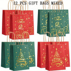 12-Pack Assorted Christmas Gift Bags with Golden Xmas Tree, Red & Green, Metallic & Textured Finish, Festive Party Favor Bags with Handles House Of Avana [[SKU:HOA-STO-035]]