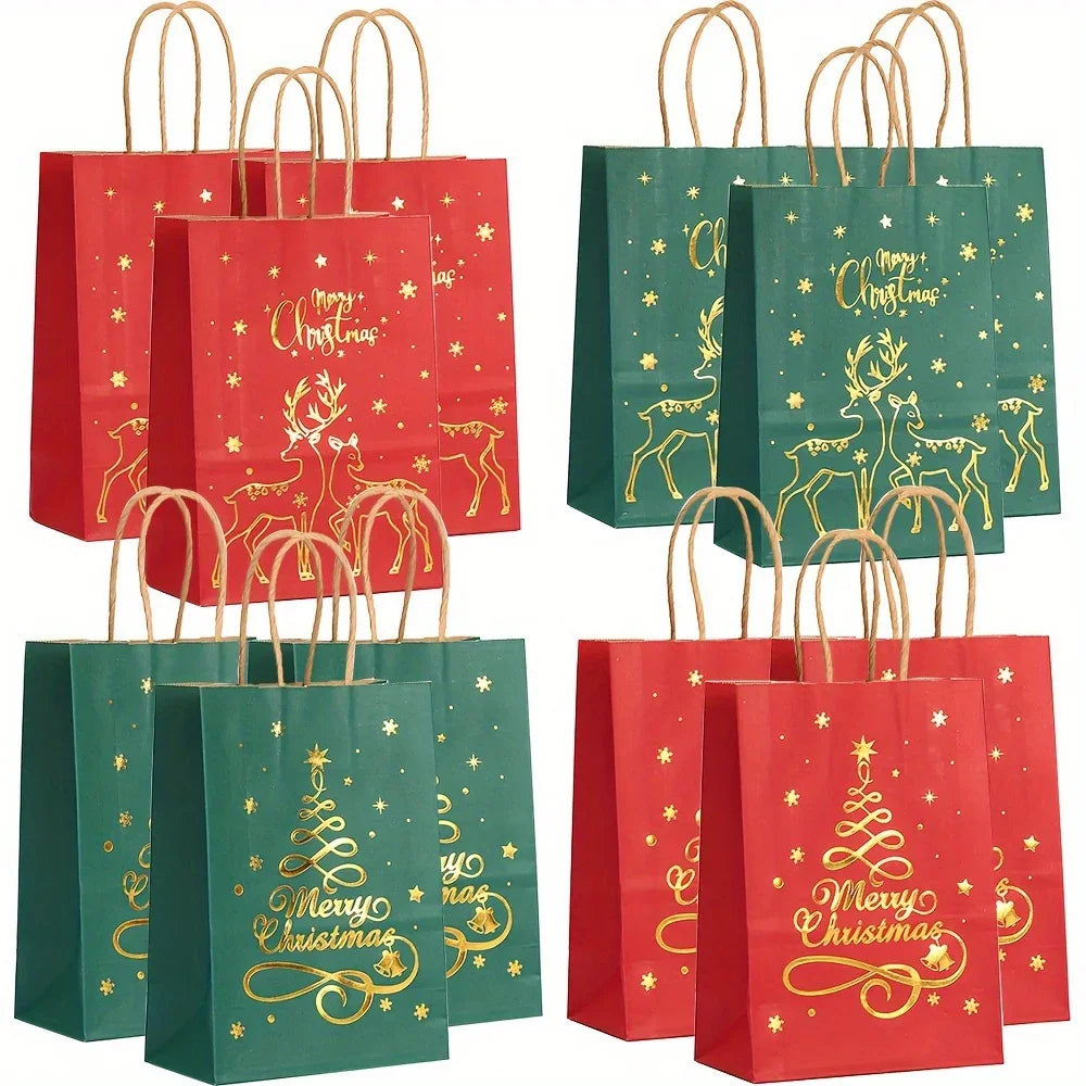 12-Pack Assorted Christmas Gift Bags with Golden Xmas Tree, Red & Green, Metallic & Textured Finish, Festive Party Favor Bags with Handles House Of Avana