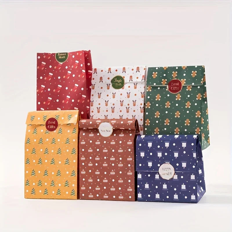 12pcs/set Includes 6 Different Patterns of High-Quality Gift Paper Bags And 6 Different Patterns of Labels, Featuring Snowman And Elk Elements, Can Hold Candy/Point/Snacks/Chocolate, Perfect for Holiday Atmosphere, 6 Differen House Of Avana [[SKU:HOA-STO-411]]
