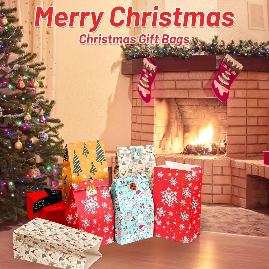 24pcs Set: 12 Assorted Gift Bags + 12 Red Sealing Stickers - DABONAS Christmas Snowflake and Reindeer Holiday Paper Goodie Bag with Decals, for Parties & Festive Celebrations, Holiday Gift Wrapping, Gift Bag Sealing, Holiday House Of Avana [[SKU:HOA-STO-036]]