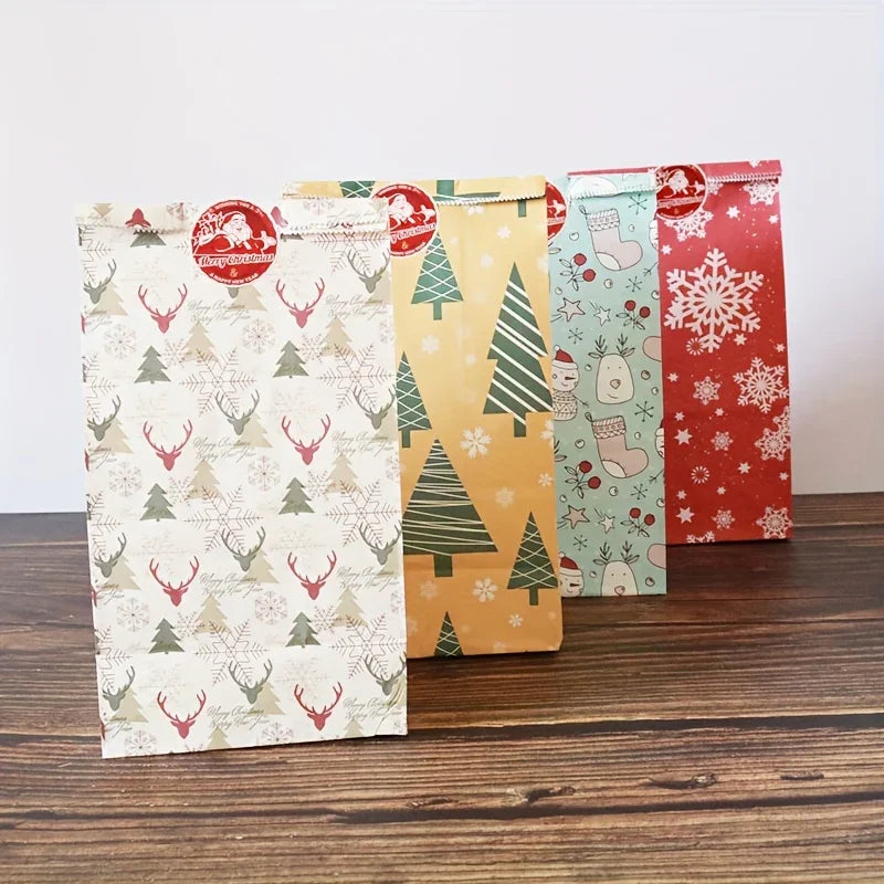 24pcs Set: 12 Assorted Gift Bags + 12 Red Sealing Stickers - DABONAS Christmas Snowflake and Reindeer Holiday Paper Goodie Bag with Decals, for Parties & Festive Celebrations, Holiday Gift Wrapping, Gift Bag Sealing, Holiday House Of Avana [[SKU:HOA-STO-036]]