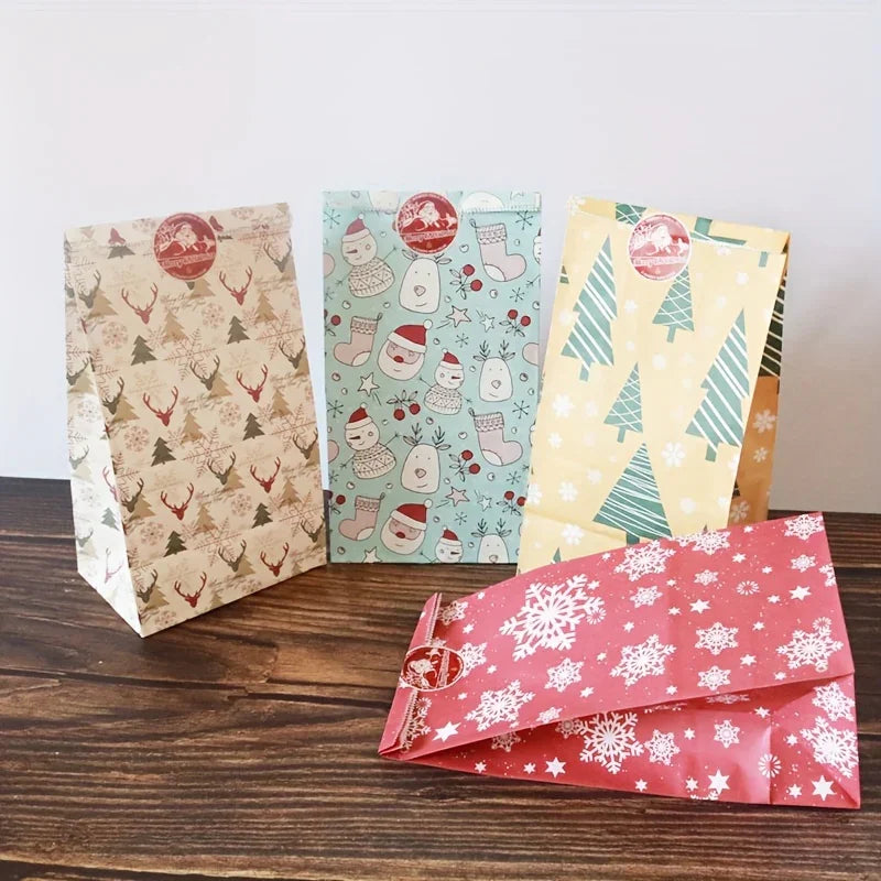 24pcs Set: 12 Assorted Gift Bags + 12 Red Sealing Stickers - DABONAS Christmas Snowflake and Reindeer Holiday Paper Goodie Bag with Decals, for Parties & Festive Celebrations, Holiday Gift Wrapping, Gift Bag Sealing, Holiday House Of Avana [[SKU:HOA-STO-036]]