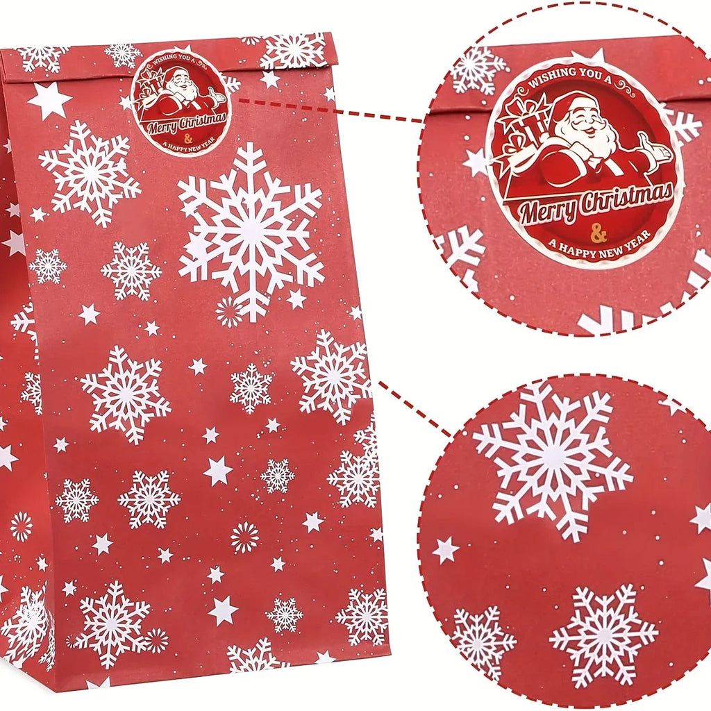 24pcs Set: 12 Assorted Gift Bags + 12 Red Sealing Stickers - DABONAS Christmas Snowflake and Reindeer Holiday Paper Goodie Bag with Decals, for Parties & Festive Celebrations, Holiday Gift Wrapping, Gift Bag Sealing, Holiday House Of Avana [[SKU:HOA-STO-036]]