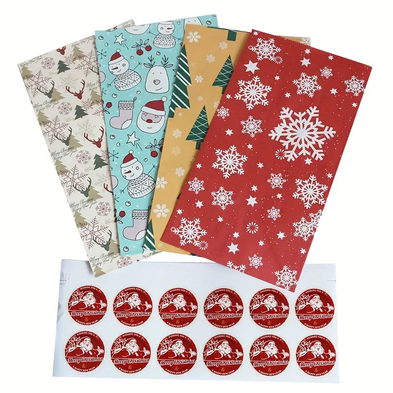 24pcs Set: 12 Assorted Gift Bags + 12 Red Sealing Stickers - DABONAS Christmas Snowflake and Reindeer Holiday Paper Goodie Bag with Decals, for Parties & Festive Celebrations, Holiday Gift Wrapping, Gift Bag Sealing, Holiday House Of Avana [[SKU:HOA-STO-036]]