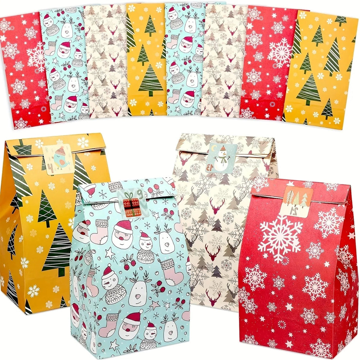 24pcs Set: 12 Assorted Gift Bags + 12 Red Sealing Stickers - DABONAS Christmas Snowflake and Reindeer Holiday Paper Goodie Bag with Decals, for Parties & Festive Celebrations, Holiday Gift Wrapping, Gift Bag Sealing, Holiday House Of Avana [[SKU:HOA-STO-036]]