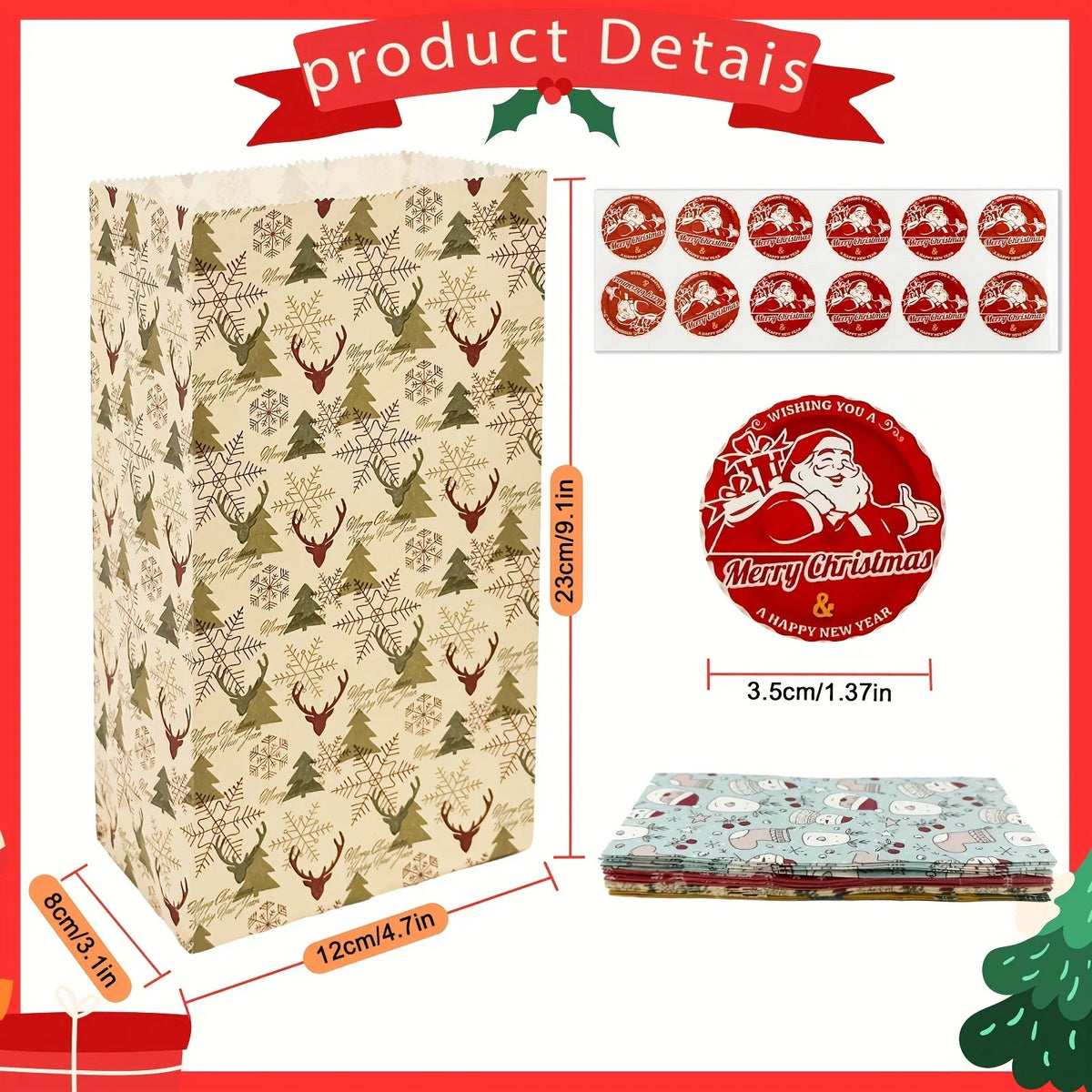 24pcs Set: 12 Assorted Gift Bags + 12 Red Sealing Stickers - DABONAS Christmas Snowflake and Reindeer Holiday Paper Goodie Bag with Decals, for Parties & Festive Celebrations, Holiday Gift Wrapping, Gift Bag Sealing, Holiday House Of Avana [[SKU:HOA-STO-036]]