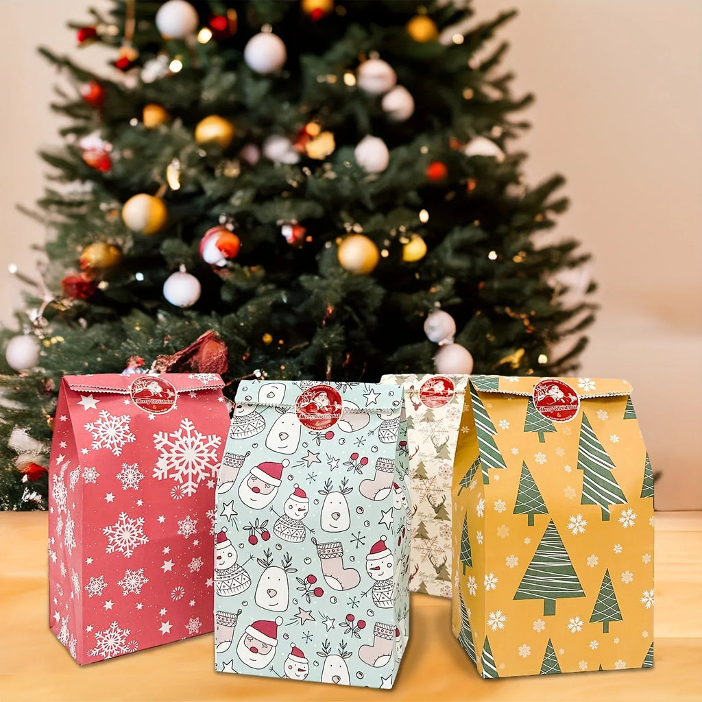 24pcs Set: 12 Assorted Gift Bags + 12 Red Sealing Stickers - DABONAS Christmas Snowflake and Reindeer Holiday Paper Goodie Bag with Decals, for Parties & Festive Celebrations, Holiday Gift Wrapping, Gift Bag Sealing, Holiday House Of Avana [[SKU:HOA-STO-036]]