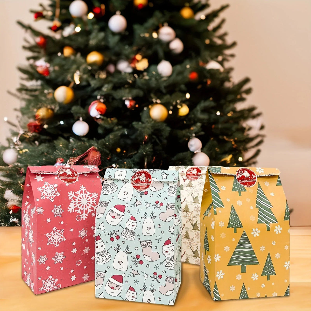24pcs Set: 12 Assorted Gift Bags + 12 Red Sealing Stickers - DABONAS Christmas Snowflake and Reindeer Holiday Paper Goodie Bag with Decals, for Parties & Festive Celebrations, Holiday Gift Wrapping, Gift Bag Sealing, Holiday House Of Avana [[SKU:HOA-STO-036]]