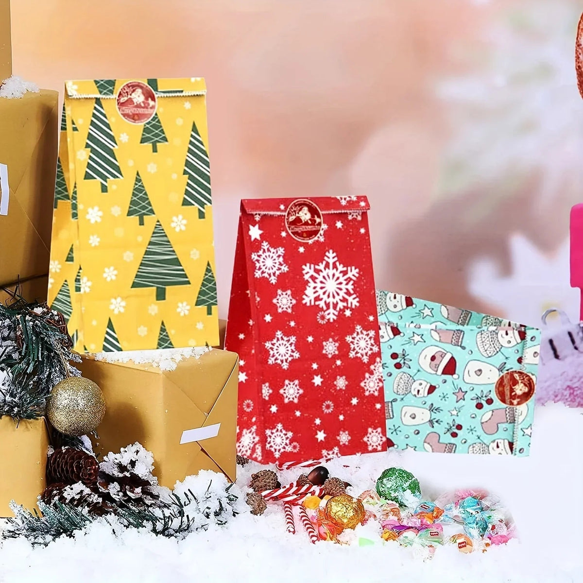 24pcs Set: 12 Assorted Gift Bags + 12 Red Sealing Stickers - DABONAS Christmas Snowflake and Reindeer Holiday Paper Goodie Bag with Decals, for Parties & Festive Celebrations, Holiday Gift Wrapping, Gift Bag Sealing, Holiday House Of Avana [[SKU:HOA-STO-036]]