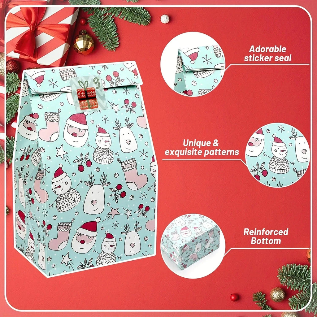 24pcs Set: 12 Assorted Gift Bags + 12 Red Sealing Stickers - DABONAS Christmas Snowflake and Reindeer Holiday Paper Goodie Bag with Decals, for Parties & Festive Celebrations, Holiday Gift Wrapping, Gift Bag Sealing, Holiday House Of Avana [[SKU:HOA-STO-036]]