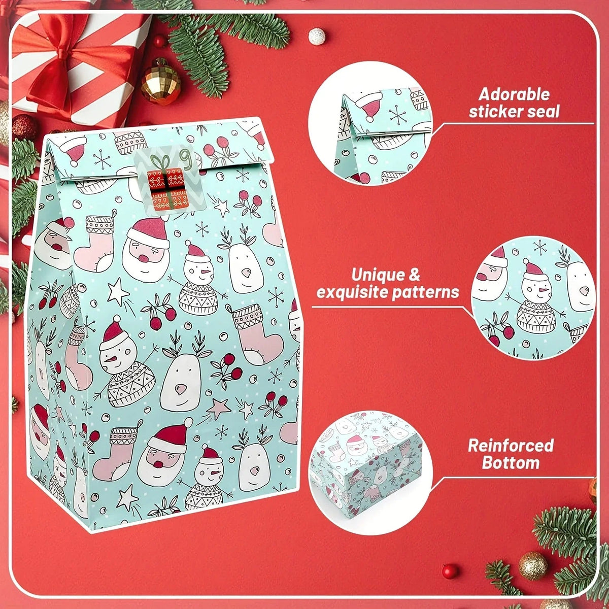 24pcs Set: 12 Assorted Gift Bags + 12 Red Sealing Stickers - DABONAS Christmas Snowflake and Reindeer Holiday Paper Goodie Bag with Decals, for Parties & Festive Celebrations, Holiday Gift Wrapping, Gift Bag Sealing, Holiday House Of Avana [[SKU:HOA-STO-036]]