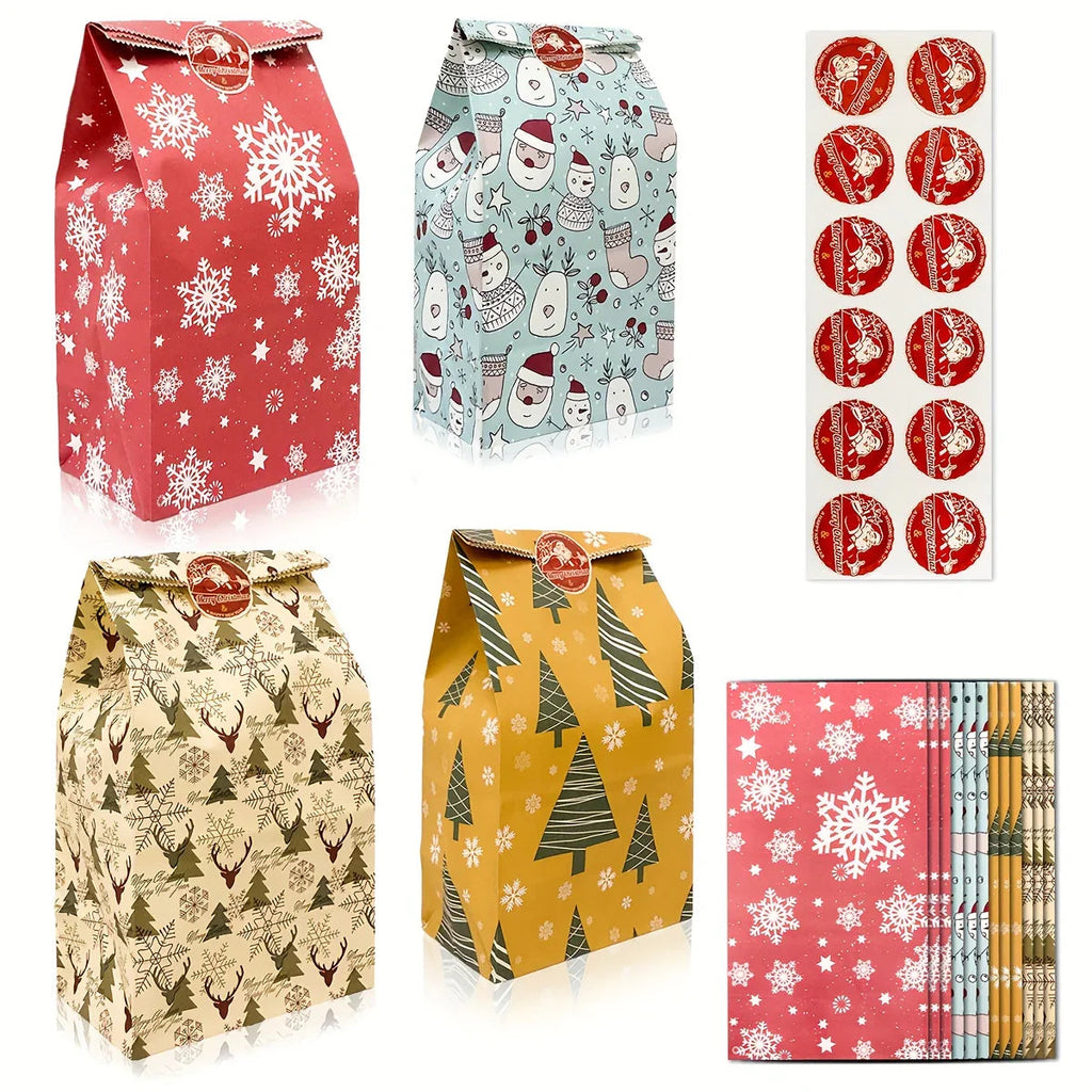 24pcs Set: 12 Assorted Gift Bags + 12 Red Sealing Stickers - DABONAS Christmas Snowflake and Reindeer Holiday Paper Goodie Bag with Decals, for Parties & Festive Celebrations, Holiday Gift Wrapping, Gift Bag Sealing, Holiday House Of Avana [[SKU:HOA-STO-036]]