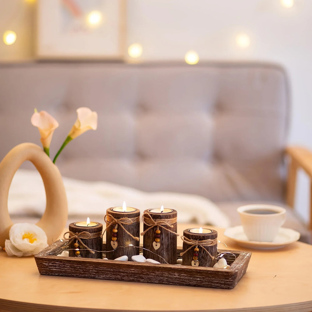 Paulownia Wood Centerpiece Tray with Tealight Holders & Beaded Accent, lifestyle image - House Of Avana