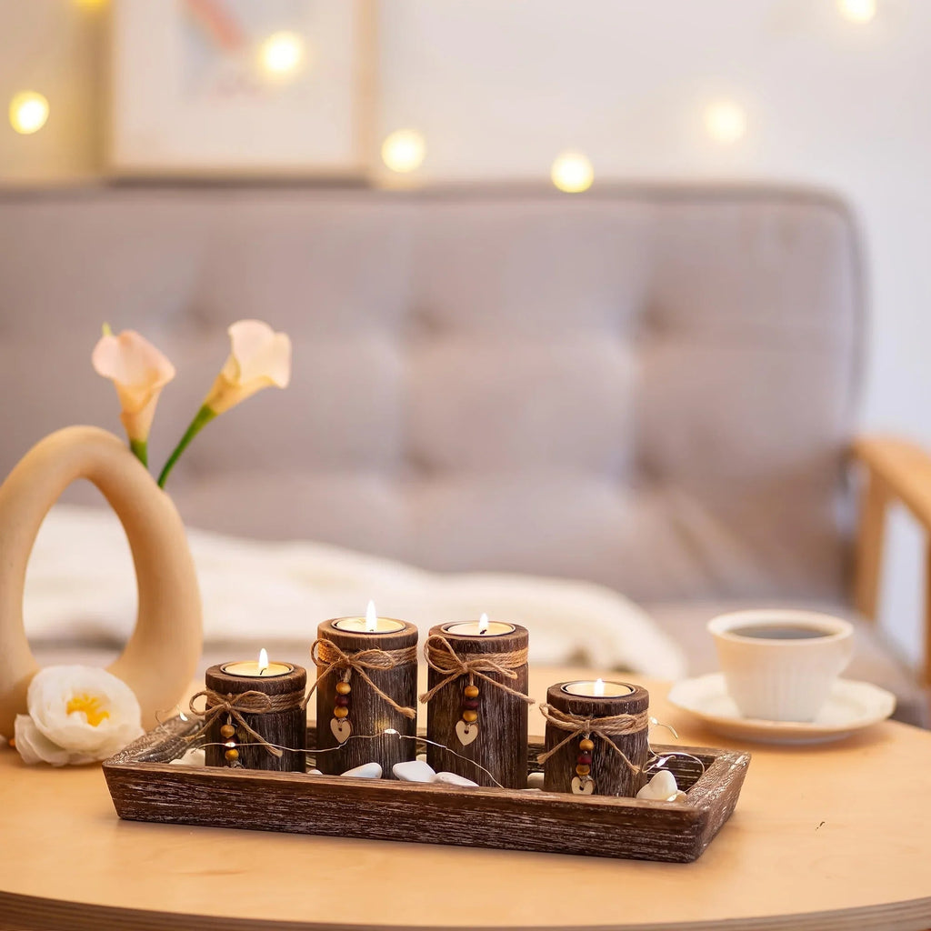 Paulownia Wood Centerpiece Tray with Tealight Holders & Beaded Accent, lifestyle image - House Of Avana [[SKU:HOA-CAN-050]]