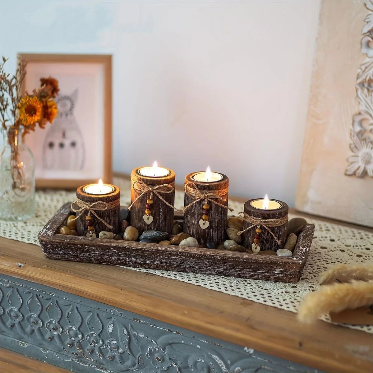 Paulownia Wood Centerpiece Tray with Tealight Holders & Beaded Accent, angled view - House Of Avana [[SKU:HOA-CAN-050]]