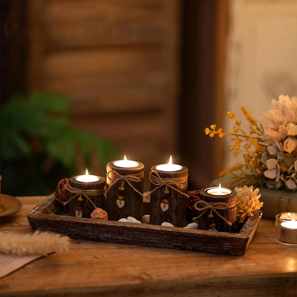 Paulownia Wood Centerpiece Tray with Tealight Holders & Beaded Accent, front view - House Of Avana