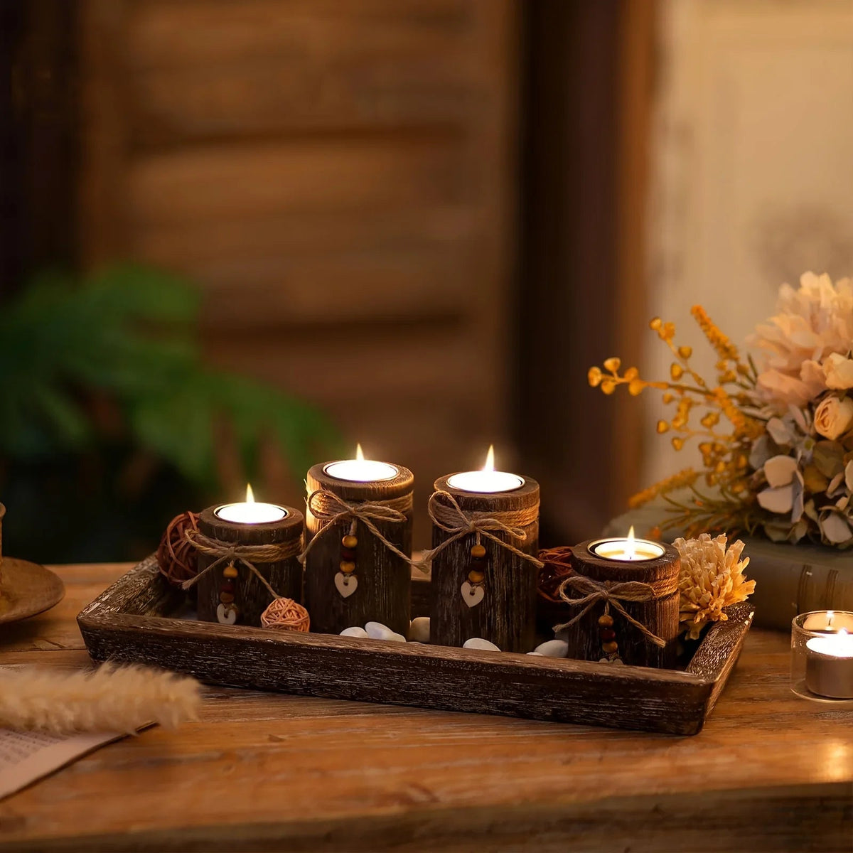 Paulownia Wood Centerpiece Tray with Tealight Holders & Beaded Accent, front view - House Of Avana [[SKU:HOA-CAN-050]]