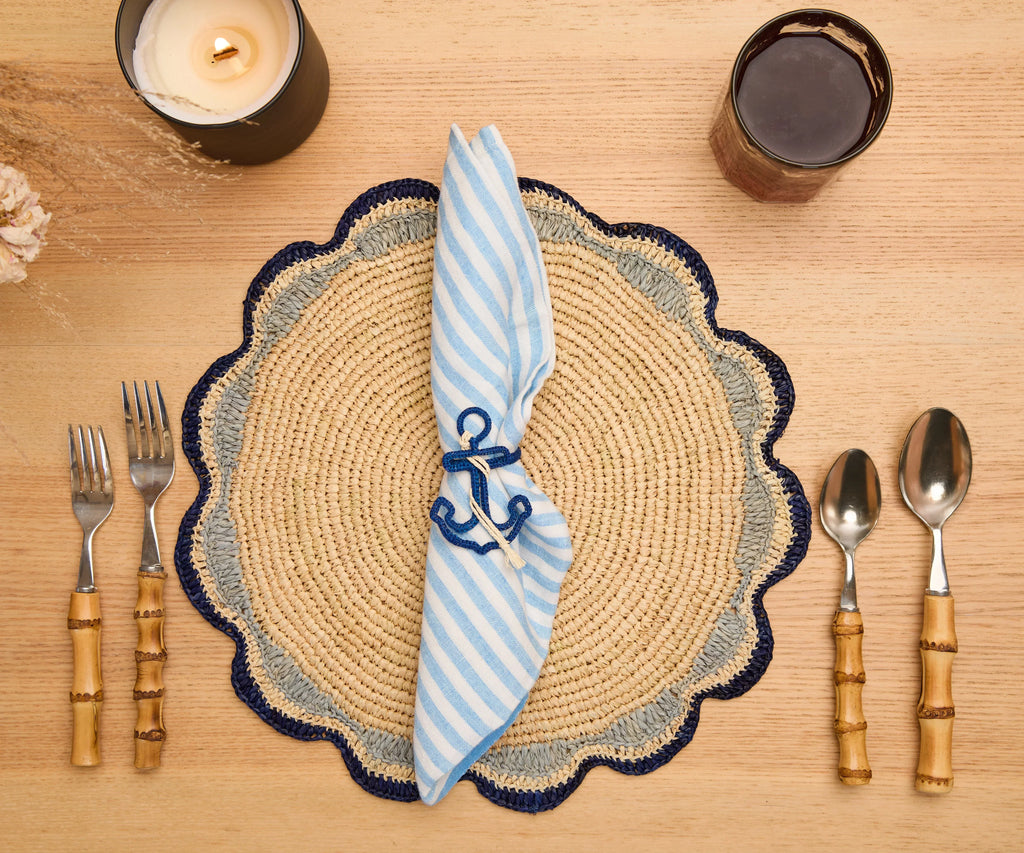 Nautical Anchor Napkin Rings – Coastal Table Decor, Handmade Raffia Napkin Holders, Set of 4 Blue and White Anchor Rings, Ocean Party Decor Payton James