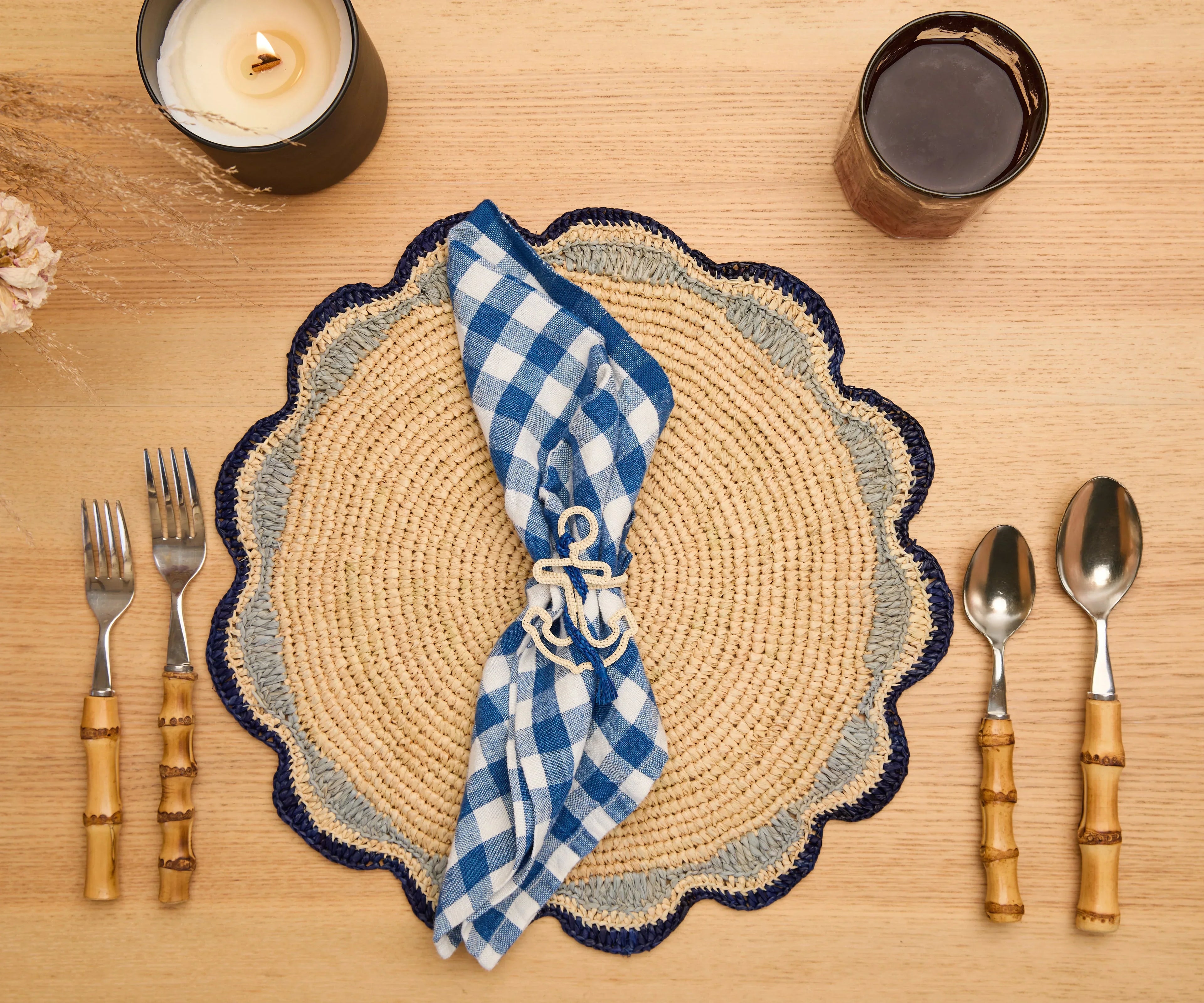 Nautical Anchor Napkin Rings – Coastal Table Decor, Handmade Raffia Napkin Holders, Set of 4 Blue and White Anchor Rings, Ocean Party Decor Payton James