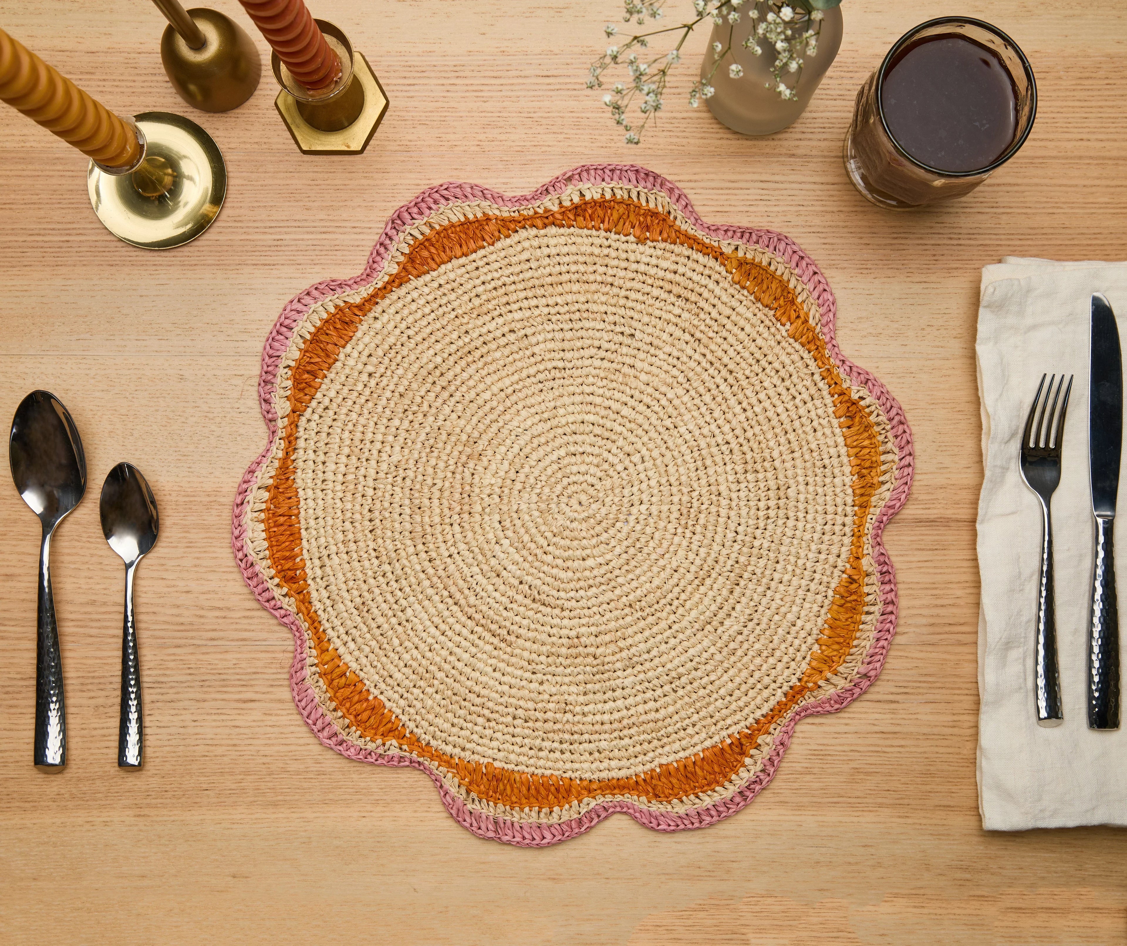 Round Pink Raffia Placemat – 14” Handwoven Crochet – Garden Party & Summer Table Decor Payton James